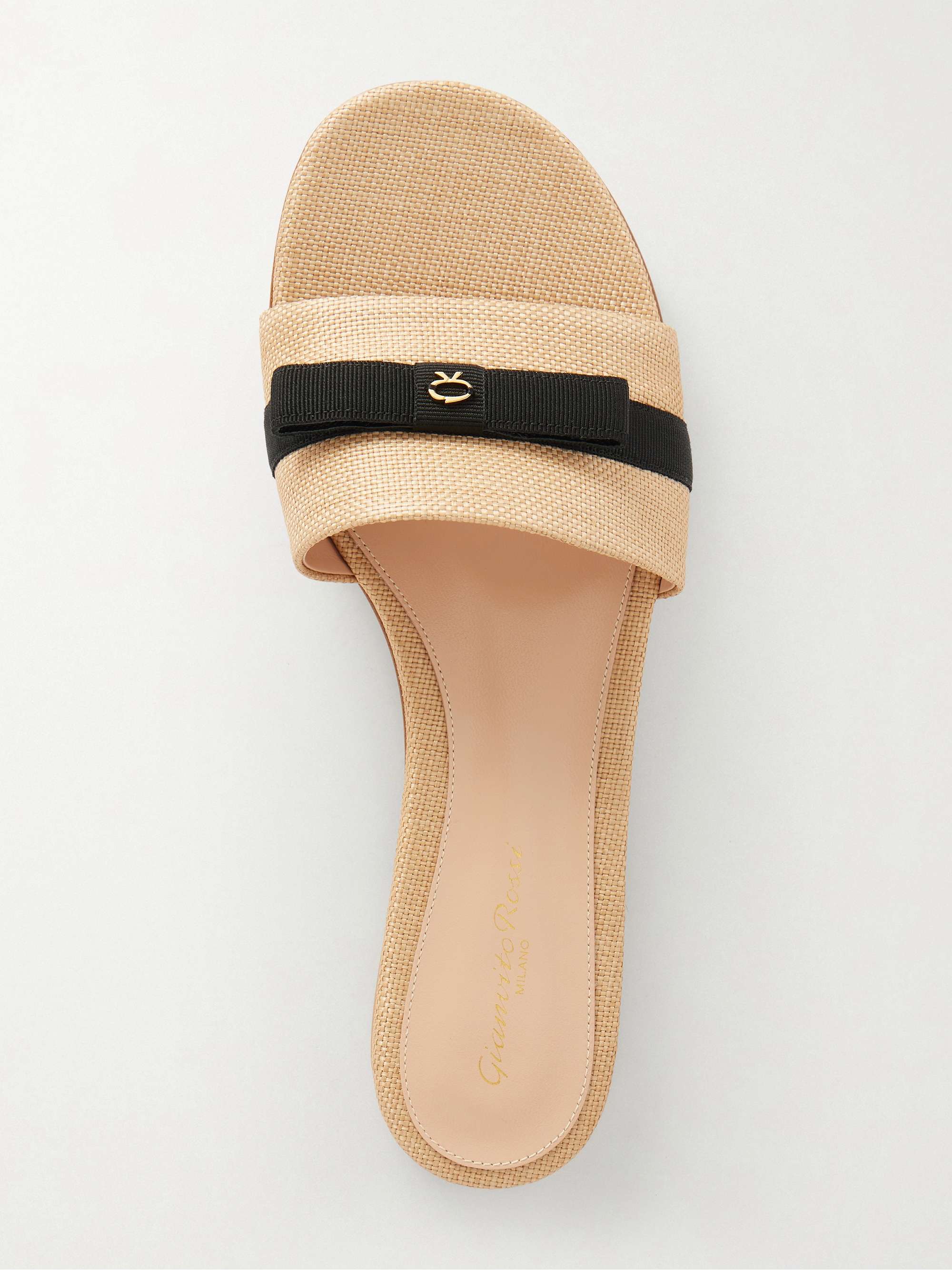 GIANVITO ROSSI Grosgrain-trimmed raffia slides | NET-A-PORTER