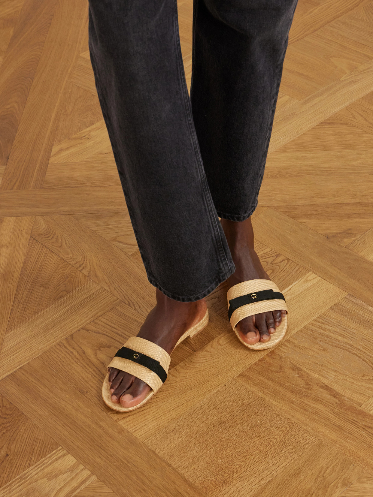Grosgrain-Trimmed Raffia Slides