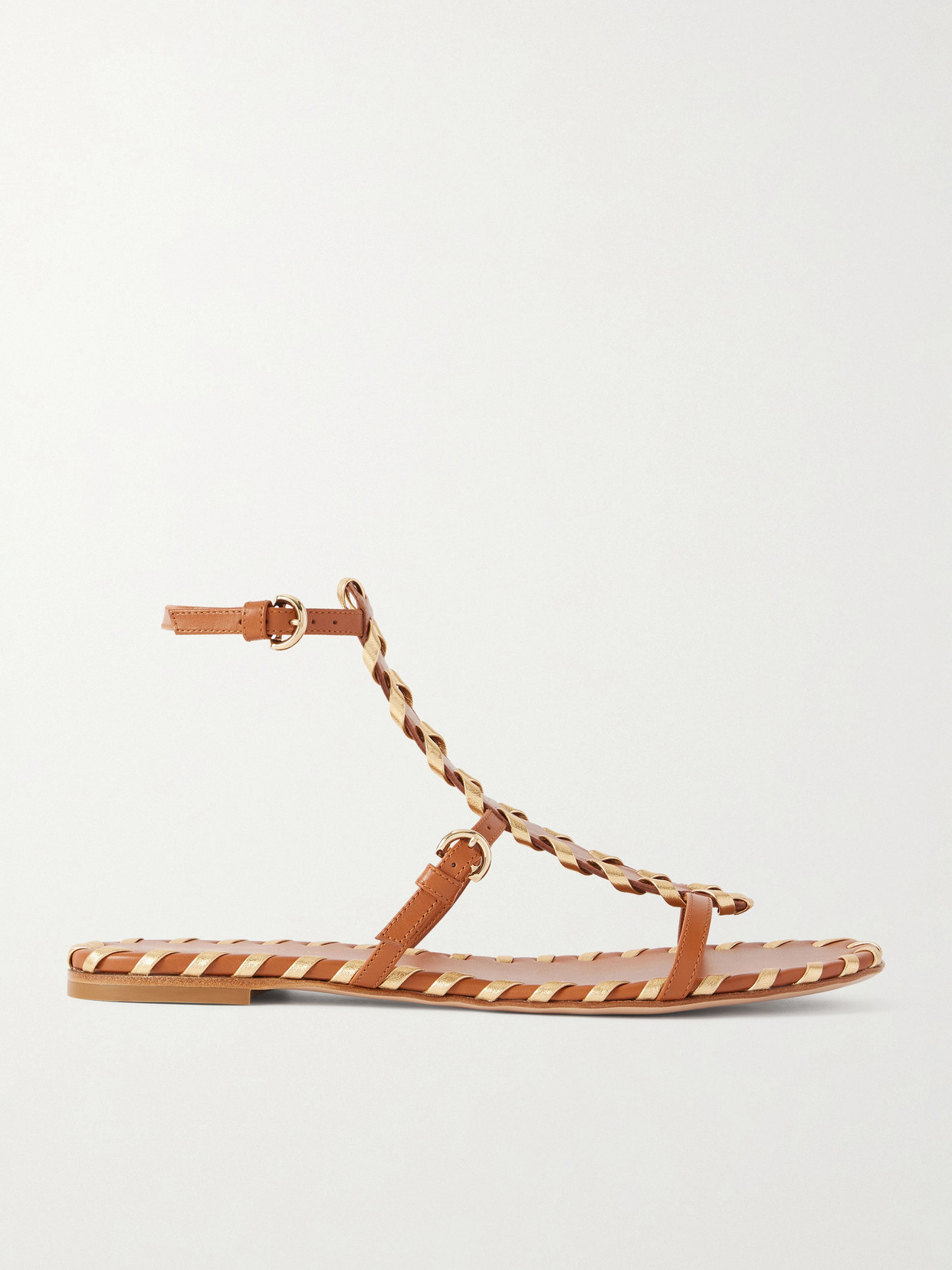 Gianvito Rossi Whipstitched Metallic Leather-trimmed Leather Sandals In Brown