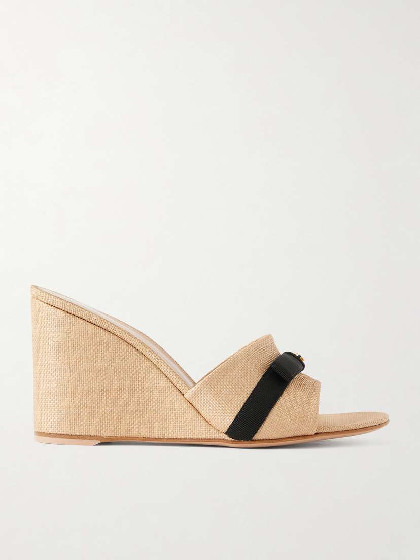 Gianvito Rossi 85 Grosgrain-trimmed Raffia Wedge Mules