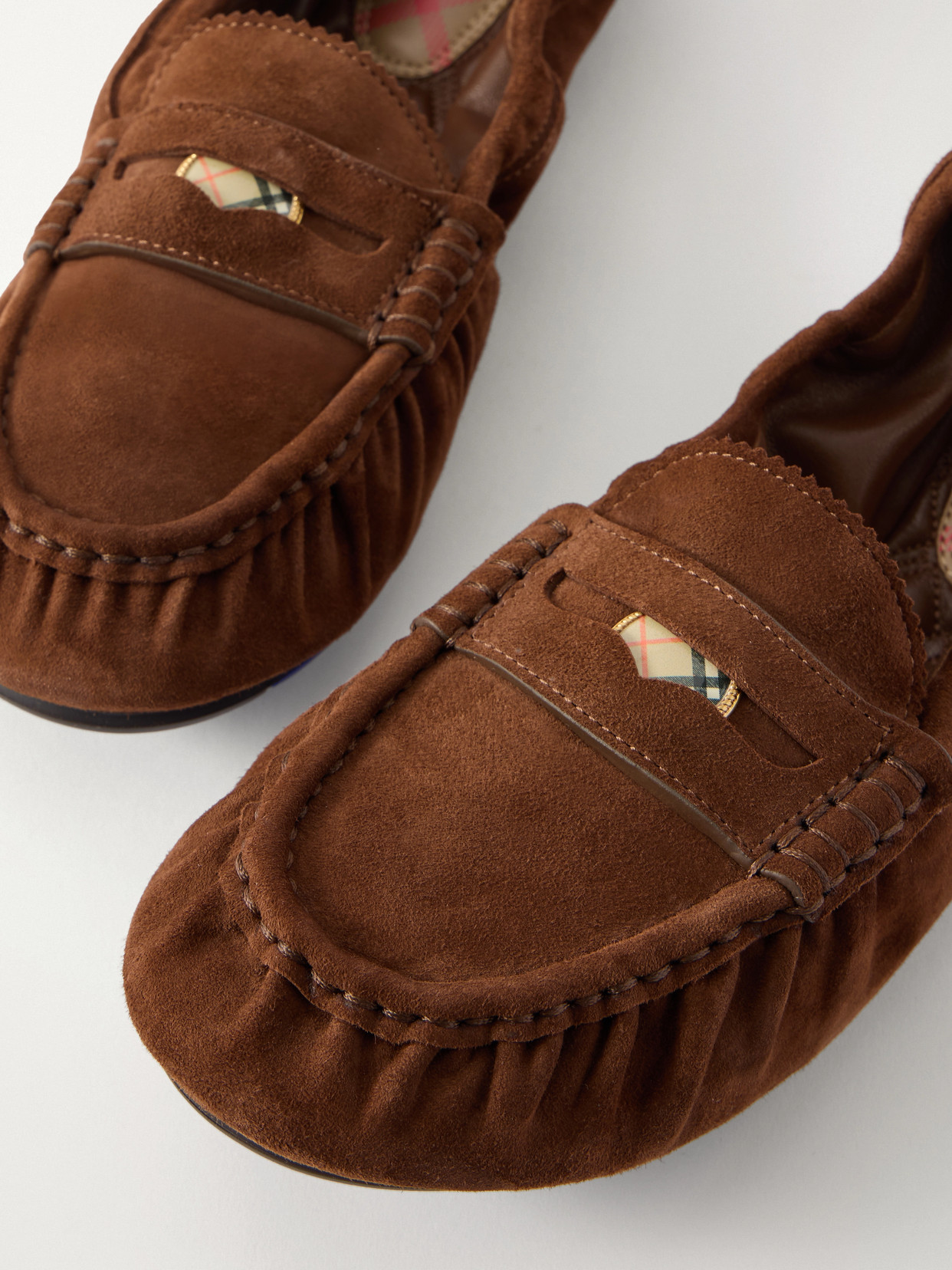 Burberry Fawn Suede Penny Loafers In Brown