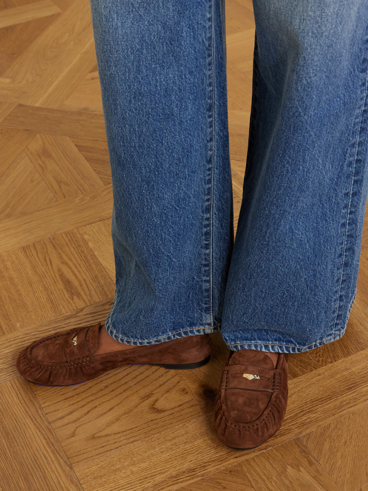 Burberry Fawn Suede Penny Loafers In Brown