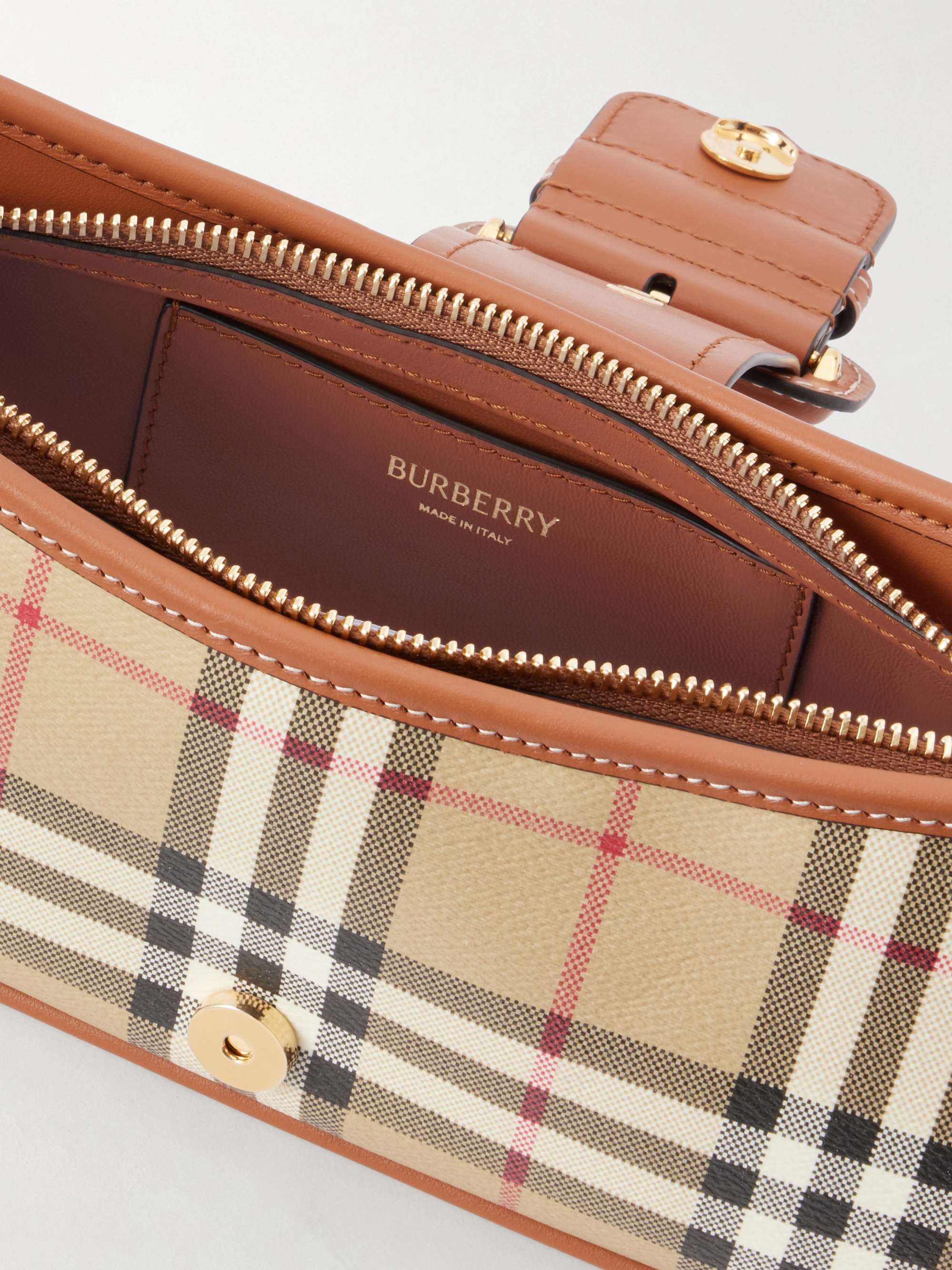 BURBERRY Leather-trimmed checked canvas shoulder bag | NET-A-PORTER