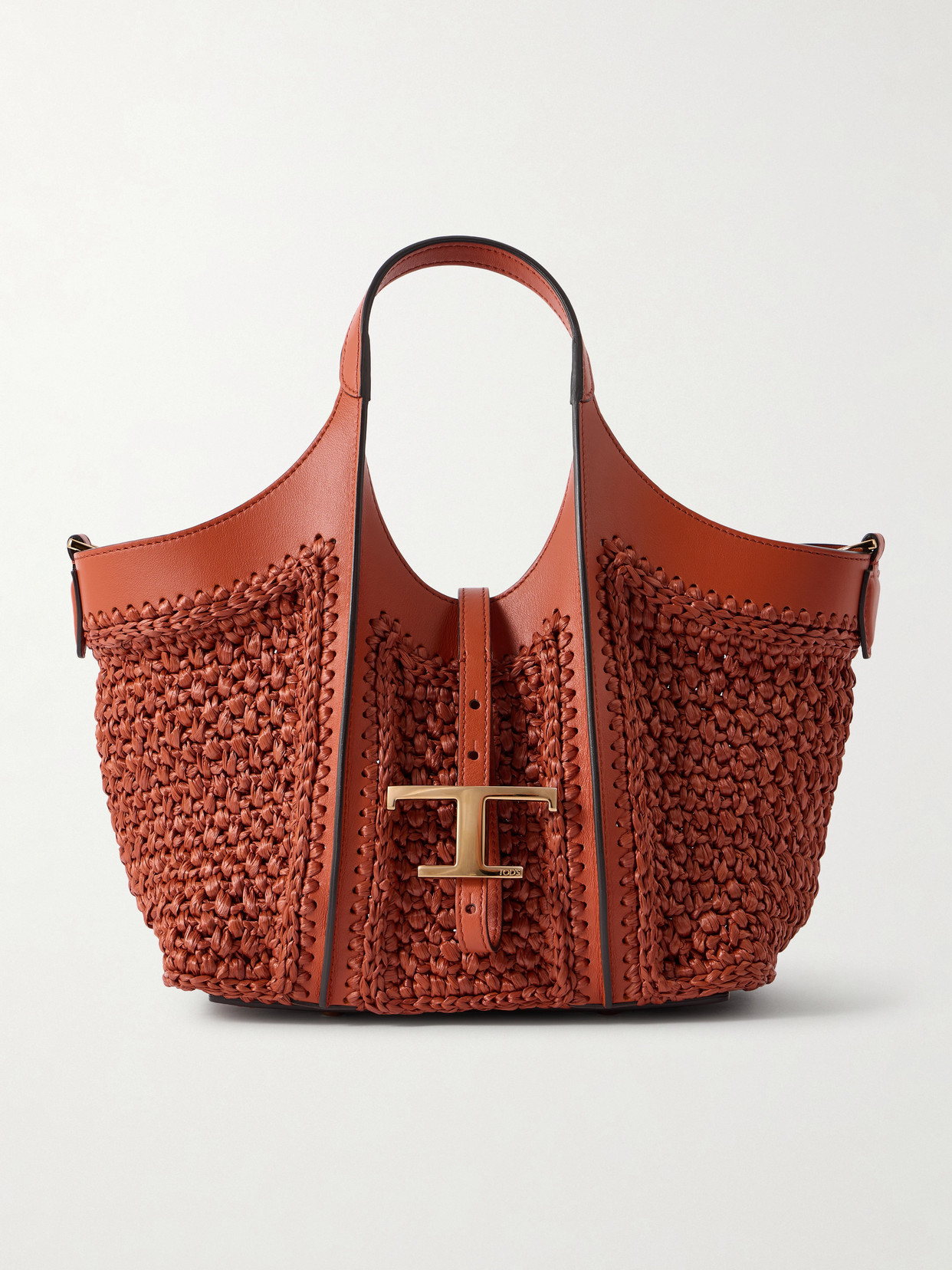Tod's T Timeless Leather-trimmed Raffia Shoulder Bag In Red