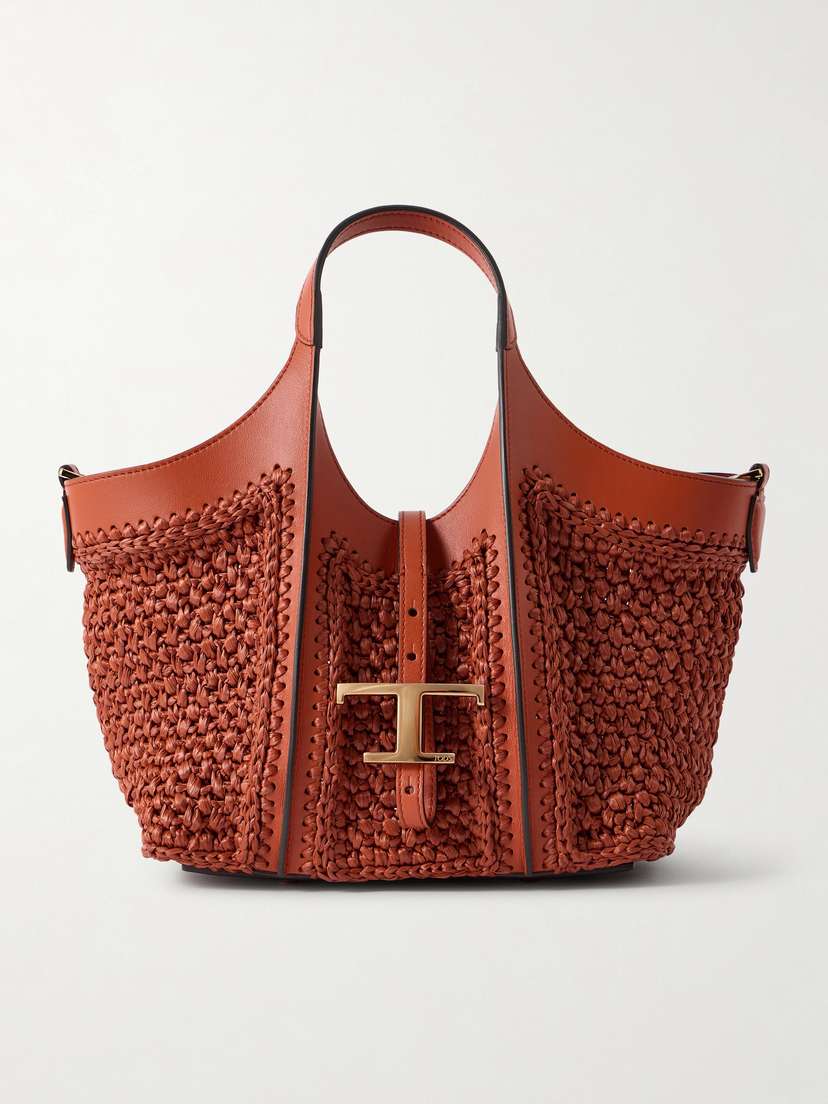 Tod's T Timeless Leather-trimmed Raffia Shoulder Bag