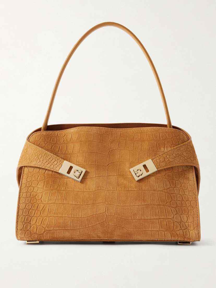 Ferragamo Hug Small Embellished Croc-effect Suede Tote