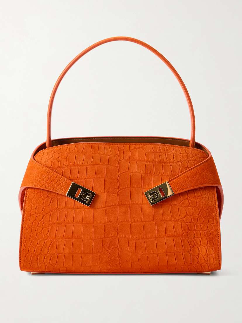 Ferragamo Hug Small Embellished Croc-effect Suede Tote