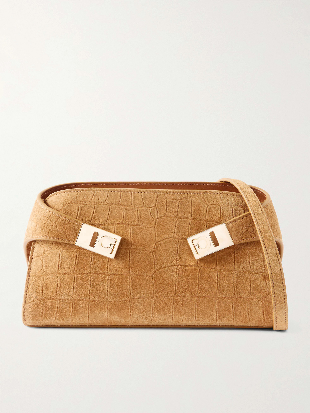 Ferragamo Hug Embellished Croc-effect Suede Shoulder Bag In Brown