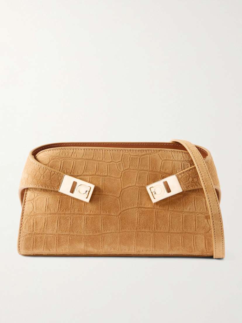 Ferragamo Hug Embellished Croc-effect Suede Shoulder Bag