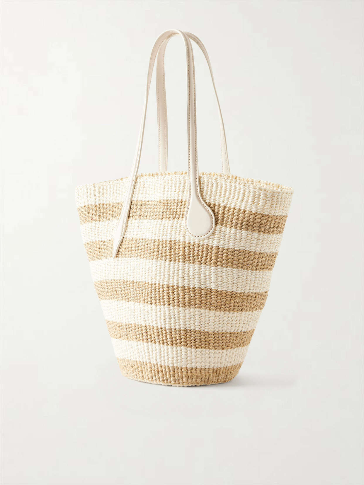 Striped Leather-Trimmed Raffia Tote Bag