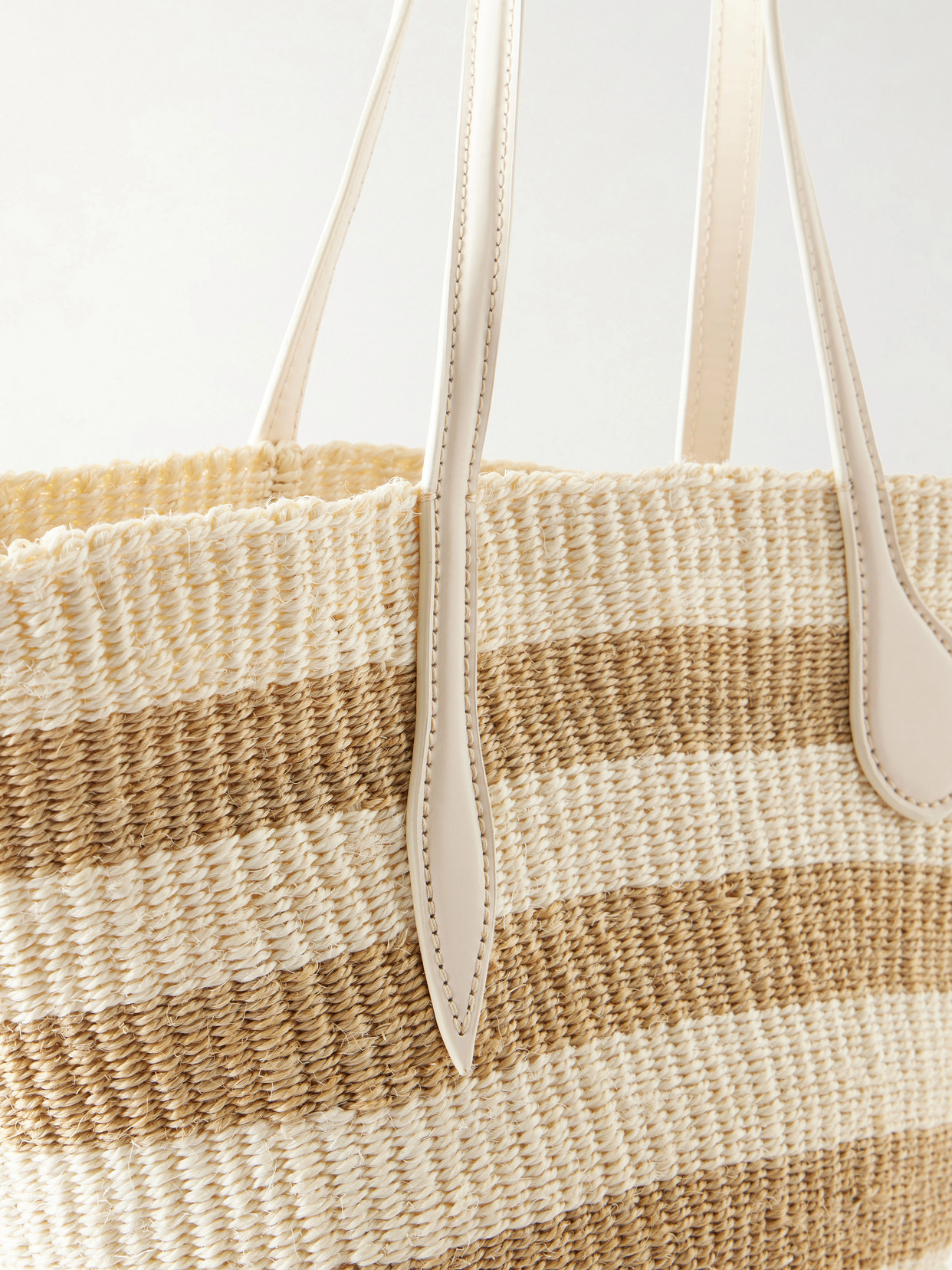Striped Leather-Trimmed Raffia Tote Bag