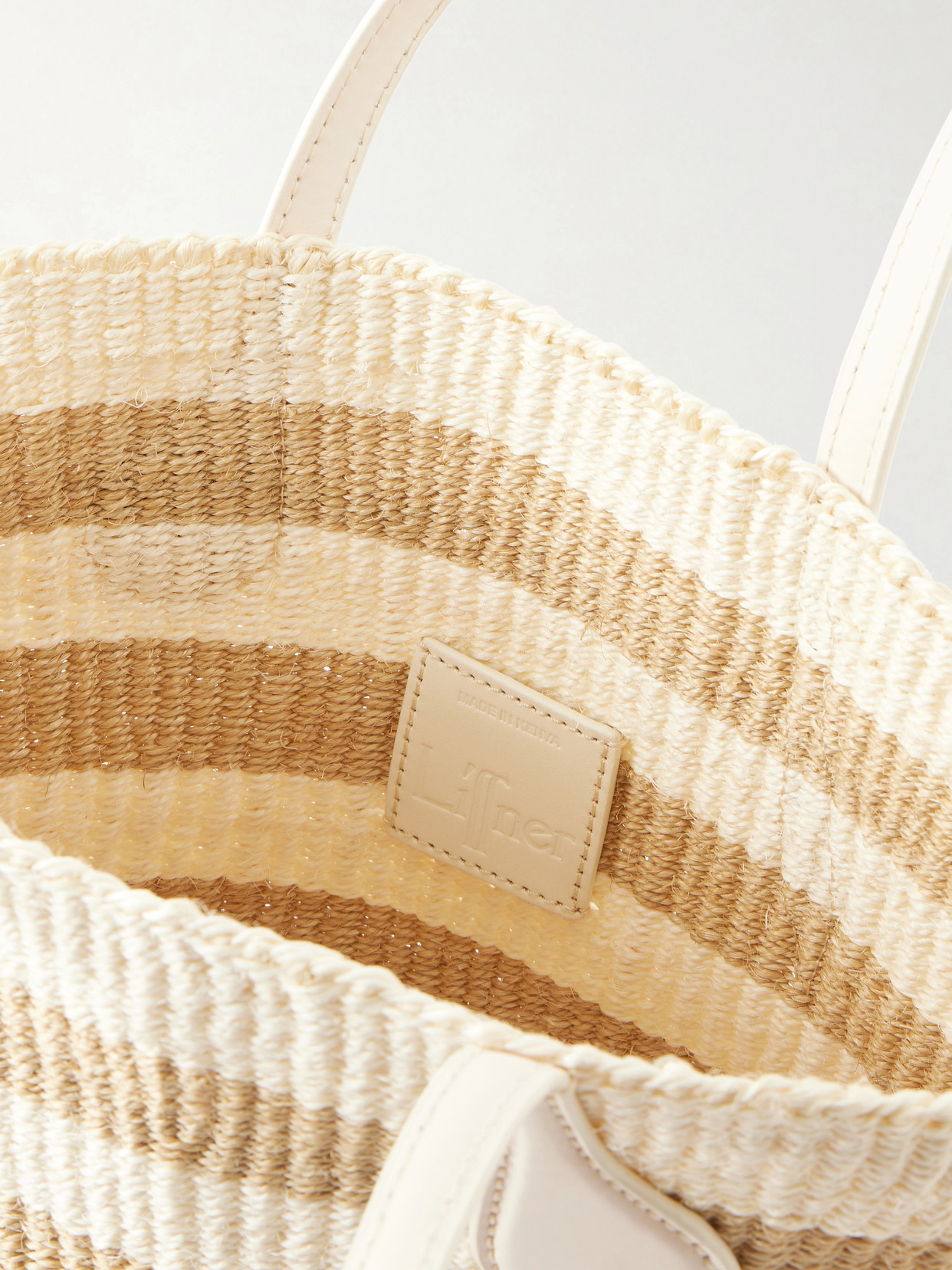 Striped Leather-Trimmed Raffia Tote Bag