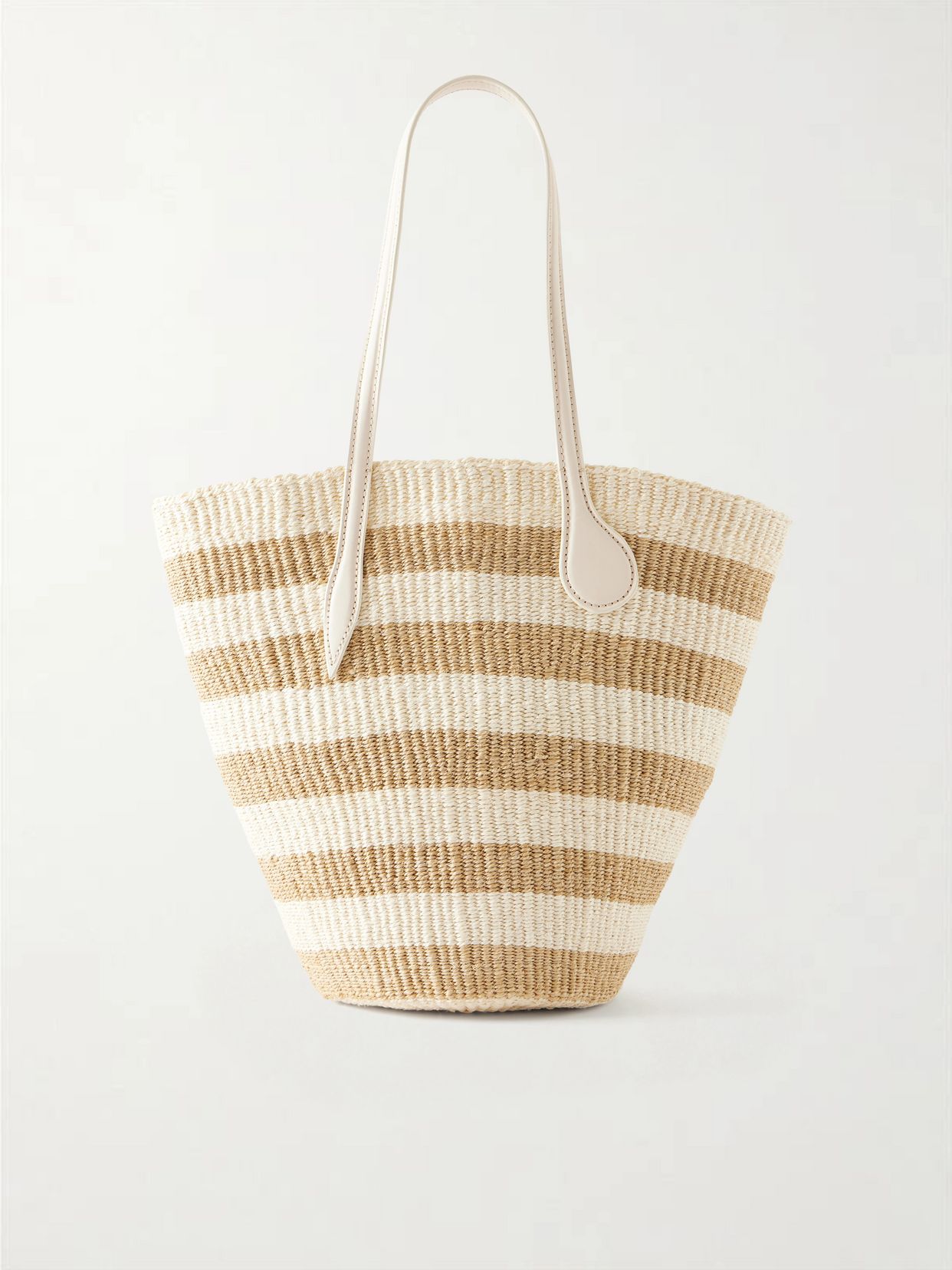 Striped leather-trimmed raffia tote bag