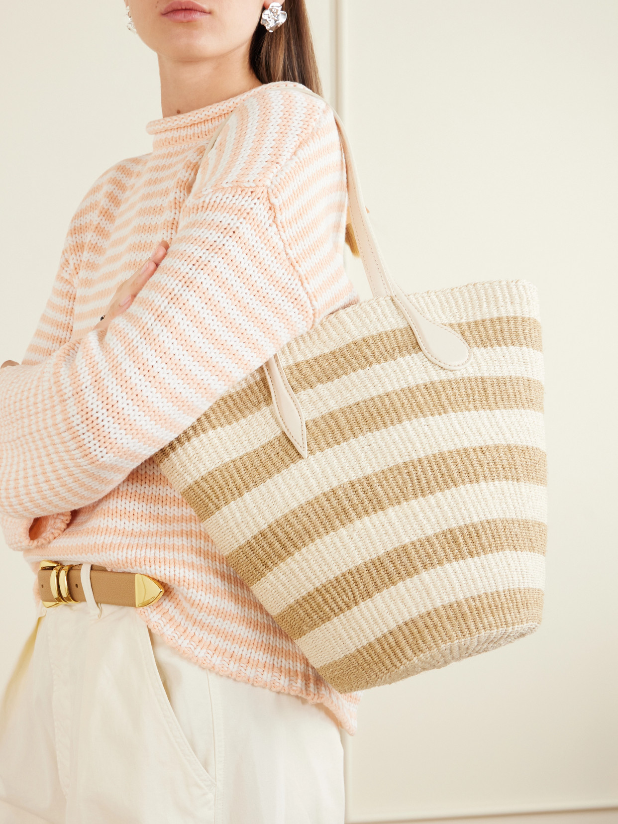 Striped Leather-Trimmed Raffia Tote Bag