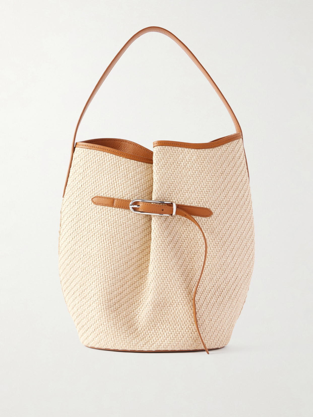 Liffner Buckled Leather-trimmed Woven Raffia Shoulder Bag In Nude