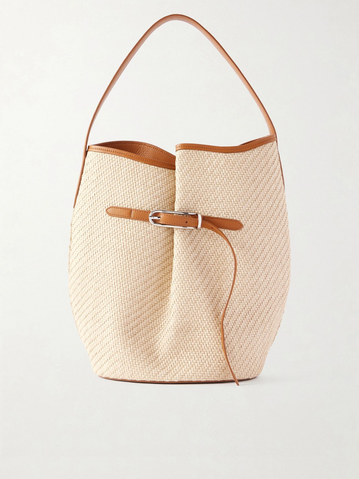 Buckled leather-trimmed woven raffia shoulder bag