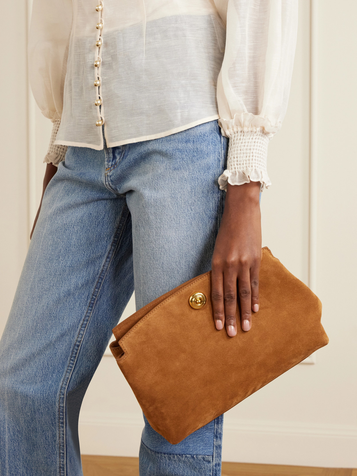 Liffner Pushlock Suede Pouch In Brown