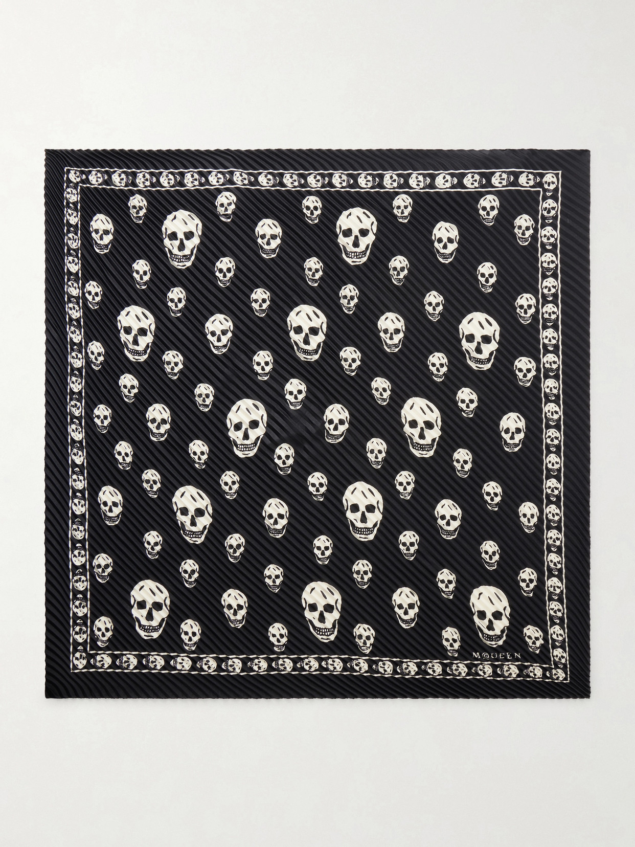 Alexander Mcqueen Printed Plissé Silk-satin Scarf In Black