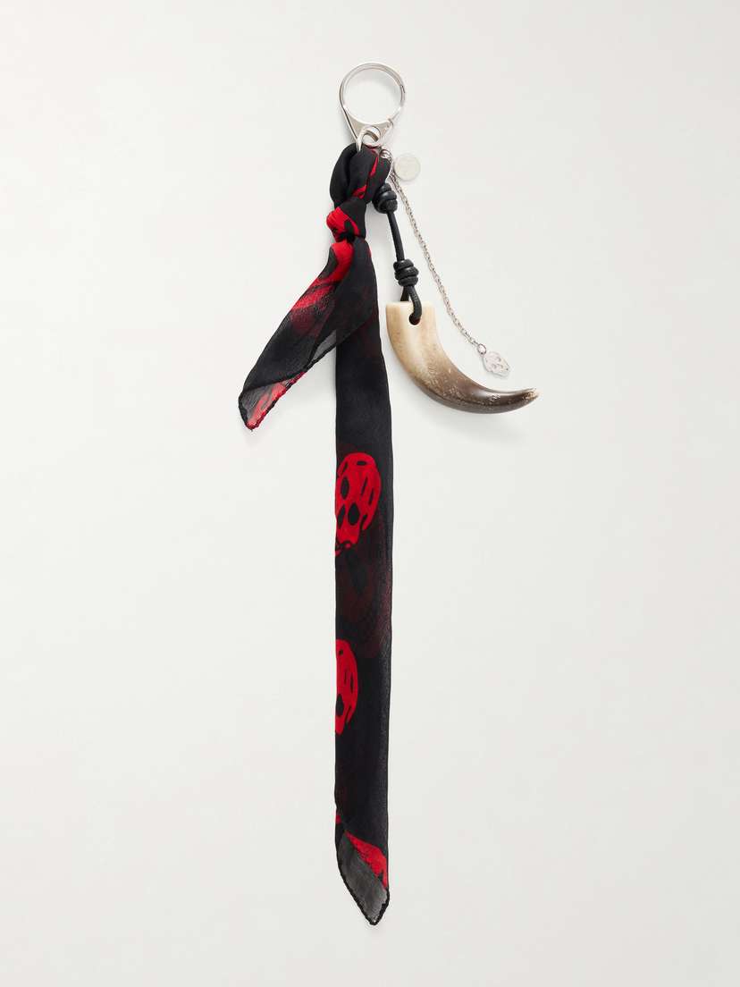 McQueen Silver-toned Leather-trimmed Printed Woven Horn Keychain