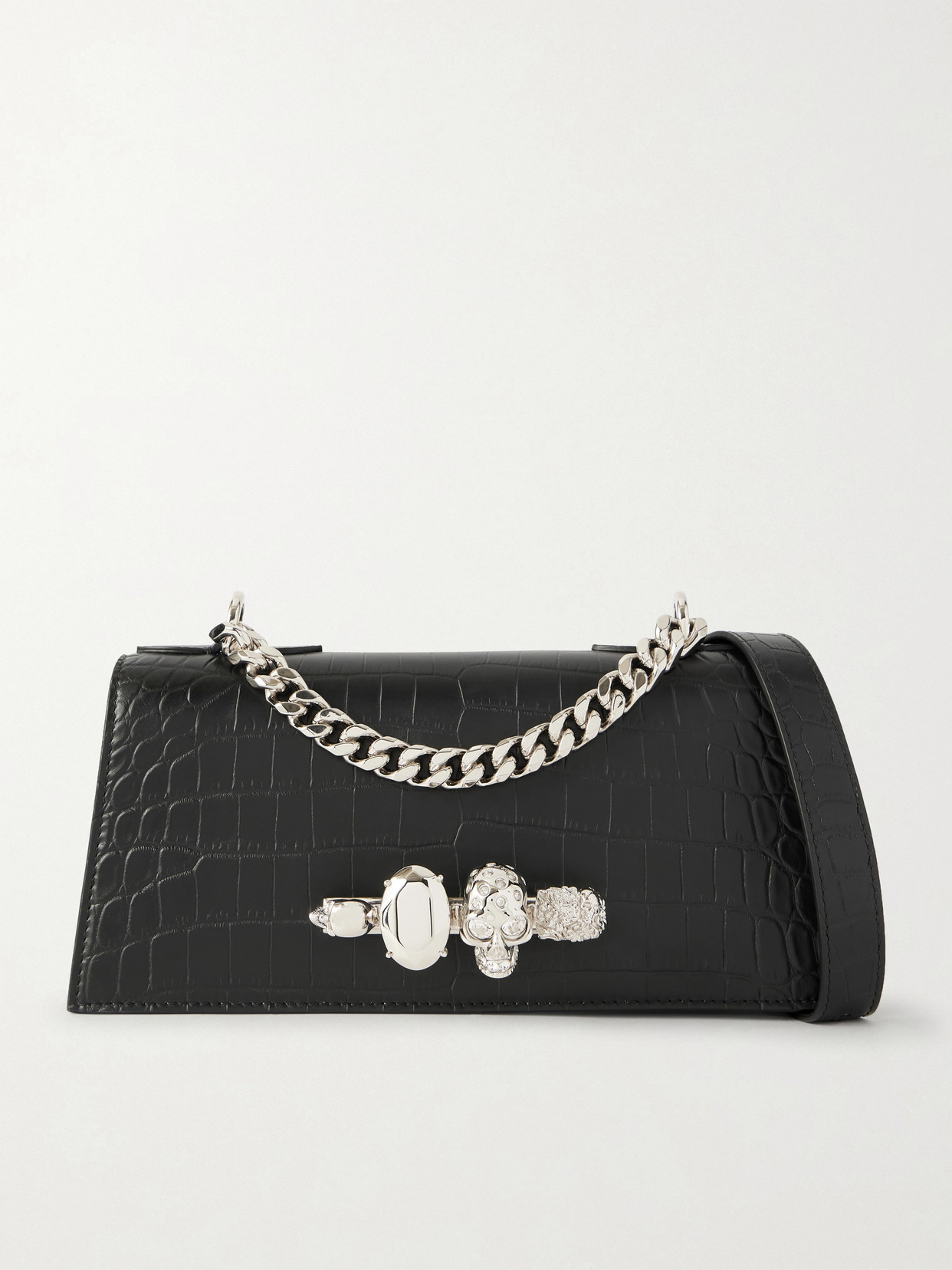 Alexander Mcqueen Mini Embellished Croc-effect Leather Shoulder Bag In Black