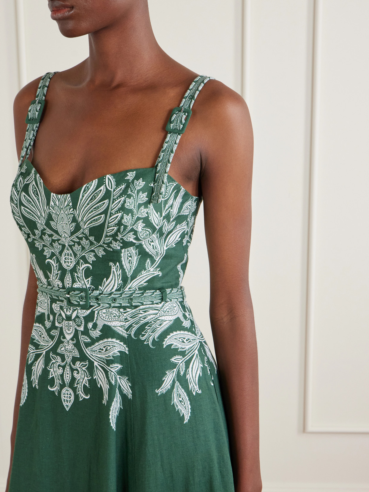 Farm Rio Miranda Buckles Floral Belted Midi Dress In Green