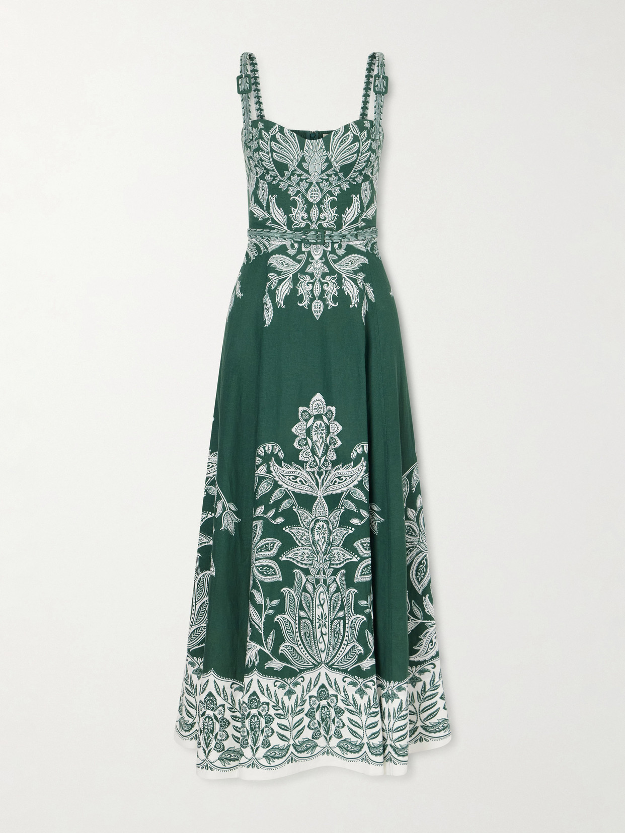 Farm Rio Miranda Buckles Floral Belted Midi Dress In Green
