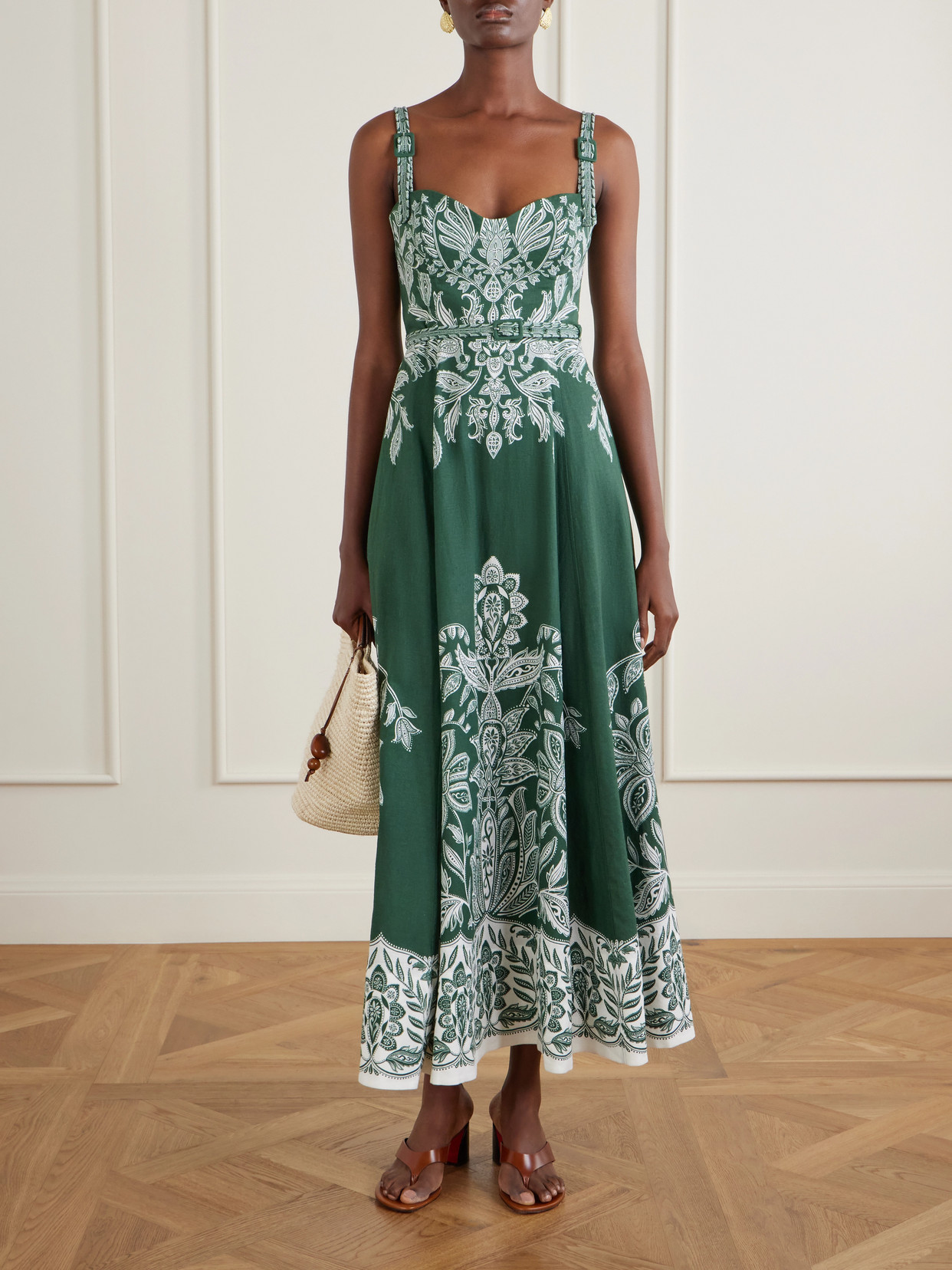 Farm Rio Miranda Buckles Floral Belted Midi Dress In Green