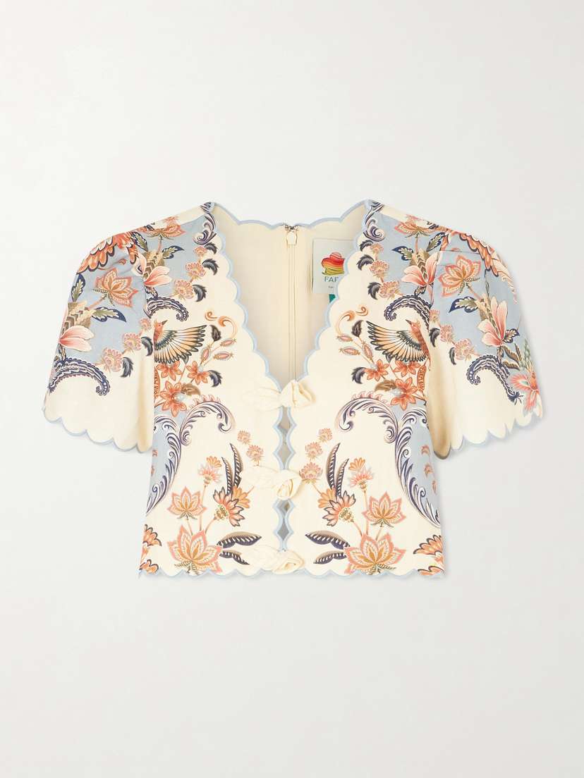 Farm Rio Cropped Floral-appliquéd Printed Linen Top