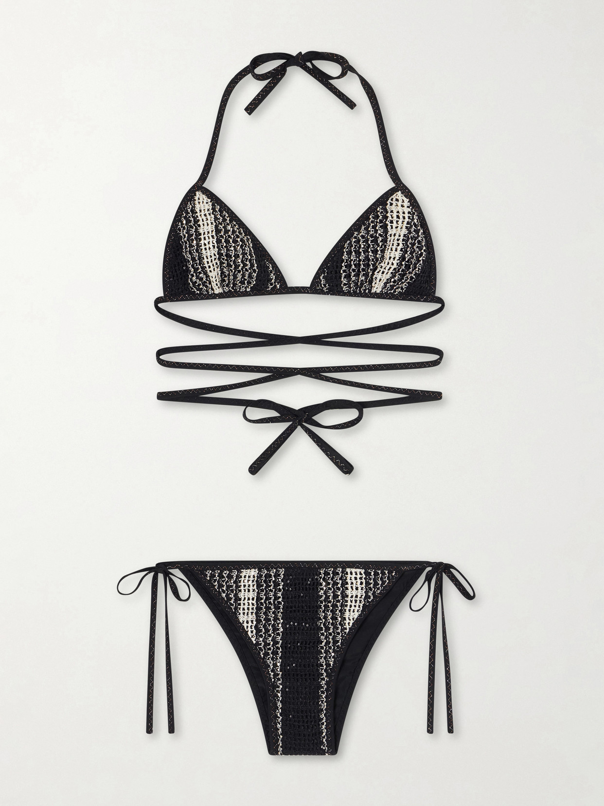 Missoni Mare Sequin-embellished Striped Metallic Crochet-knit Triangle Bikini In Black