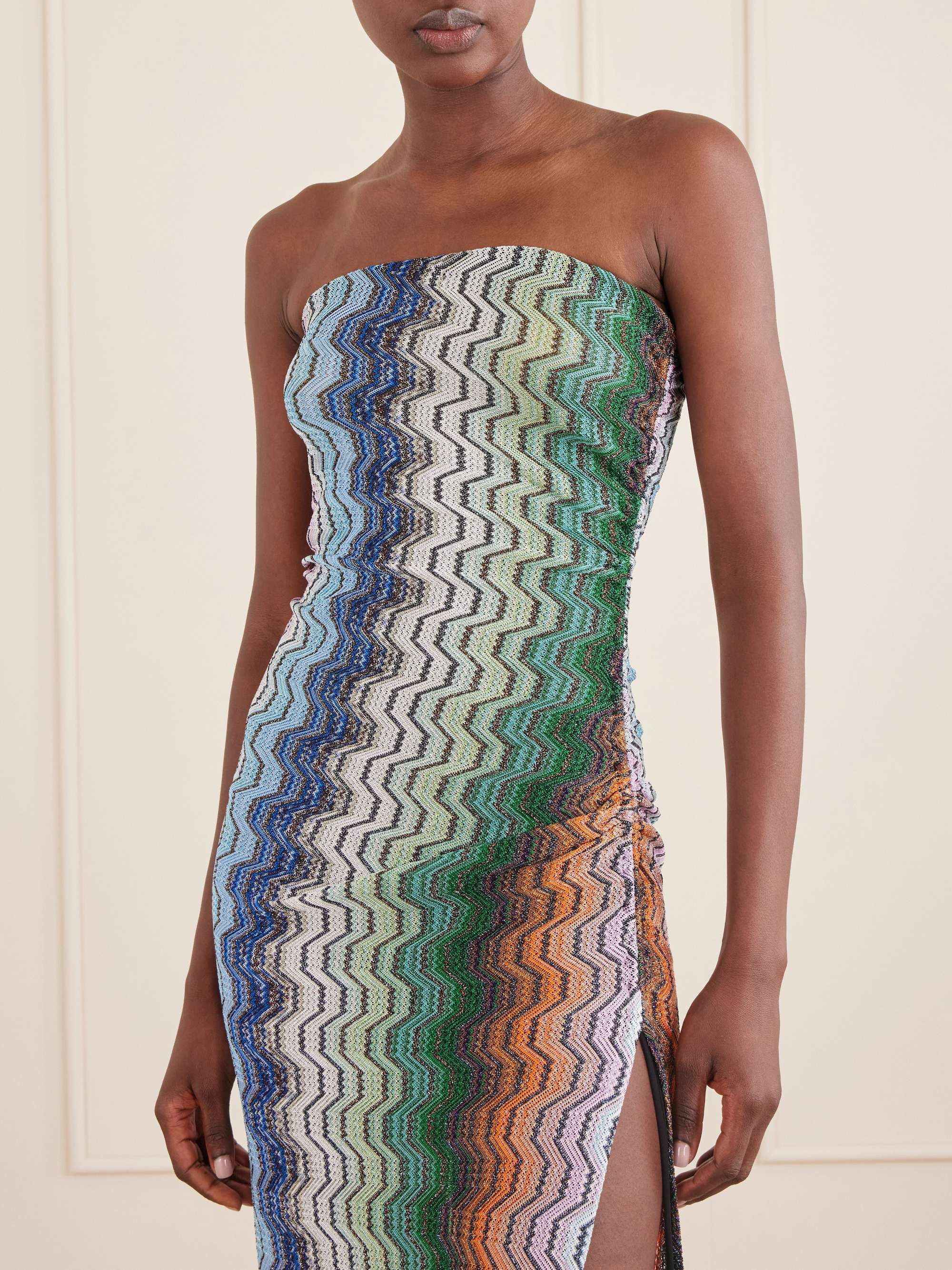 MISSONI Strapless striped metallic crochet-knit coverup | NET-A-PORTER