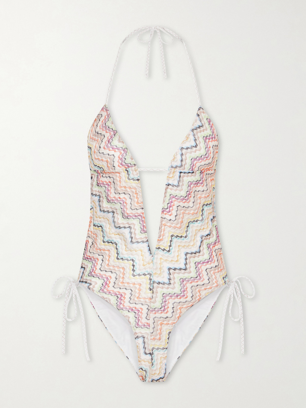 Missoni Striped Crochet-knit Halterneck Swimsuit In Multi