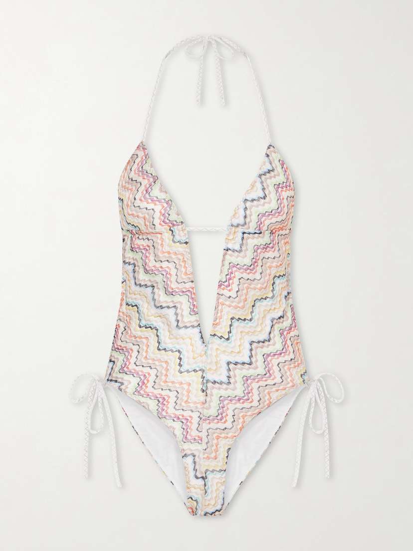 Missoni Striped Crochet-knit Halterneck Swimsuit