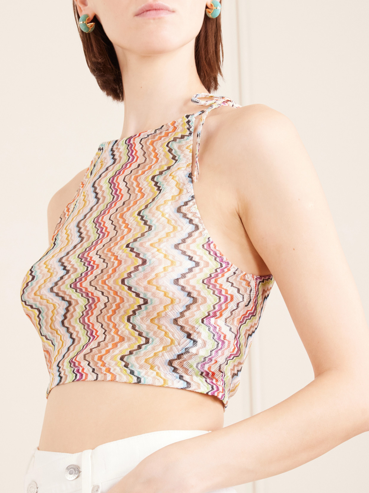 Cropped Gathered Striped Mesh Halterneck Top