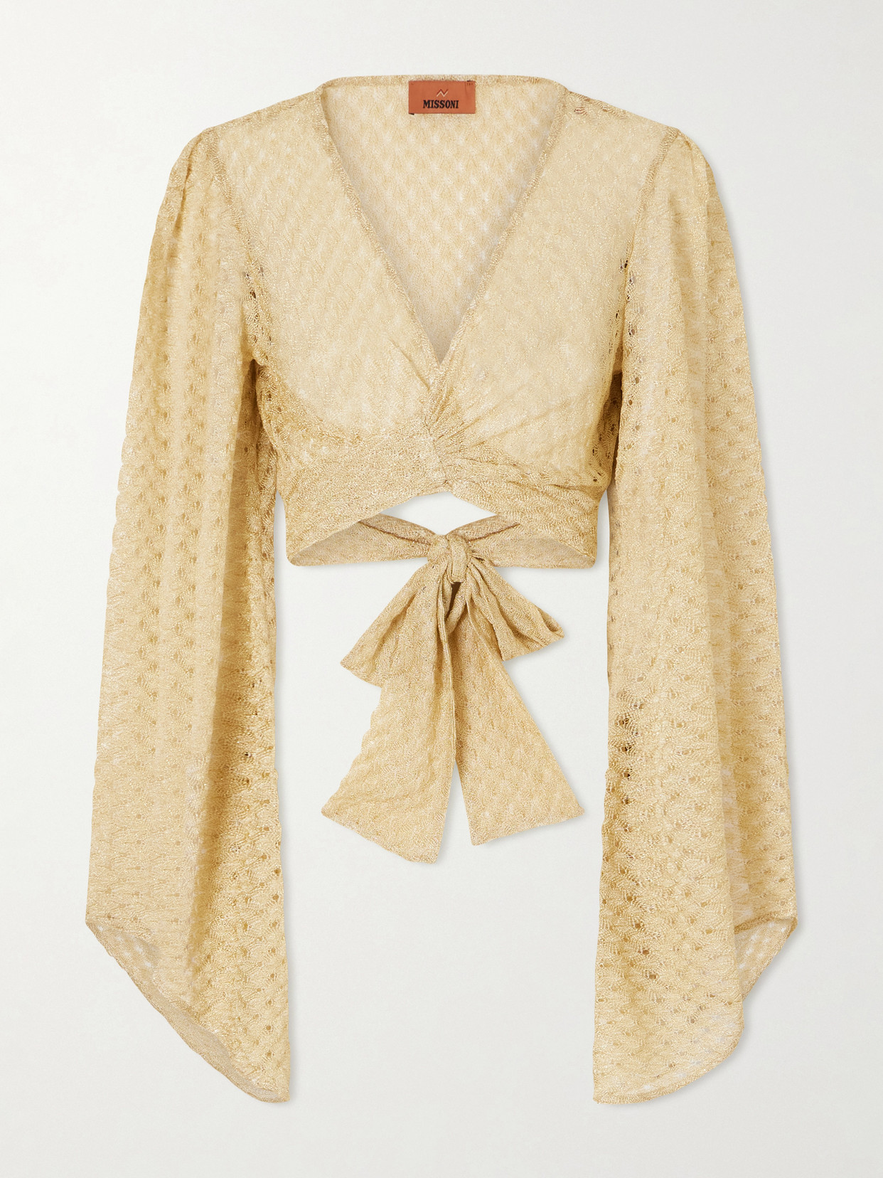 Missoni Cropped Metallic Crochet-knitted Wrap Top In Gold