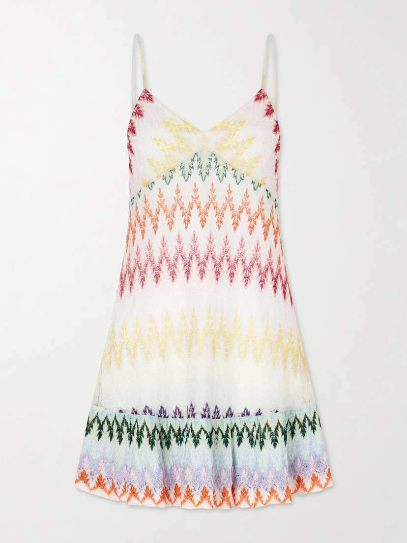 Missoni Scalloped Striped Metallic Crochet-knit Mini Dress