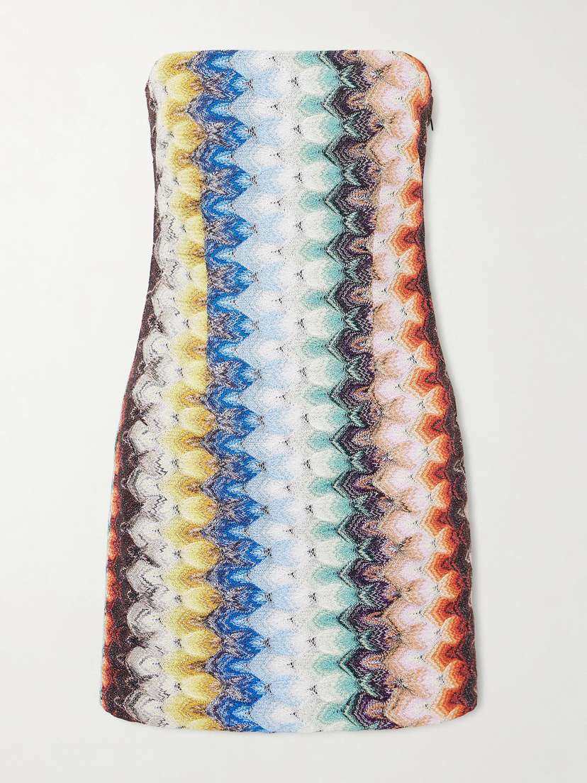 Missoni Strapless Striped Metallic Crochet-knit Mini Dress