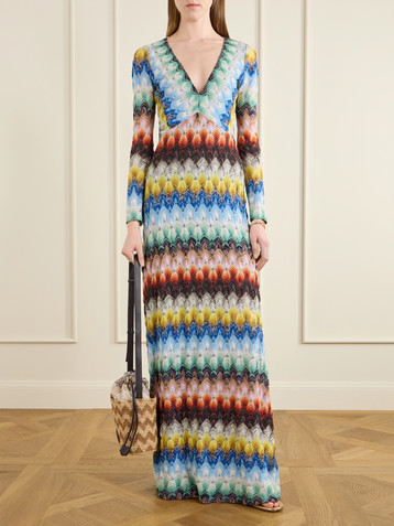 Striped metallic crochet-knit maxi dress