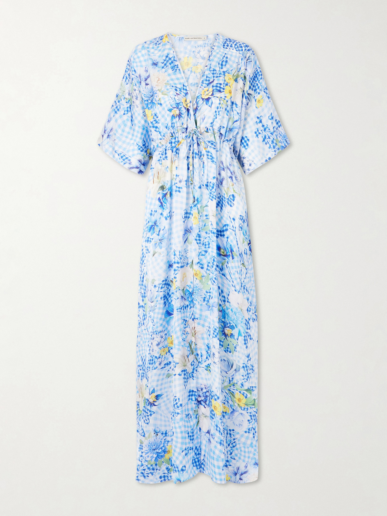 Mary Katrantzou Taormina Checked Floral-print Satin Kaftan In Blue