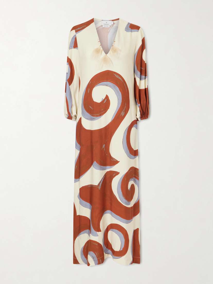 Themis Z Kyra Feather-trimmed Printed Crepe Maxi Dress