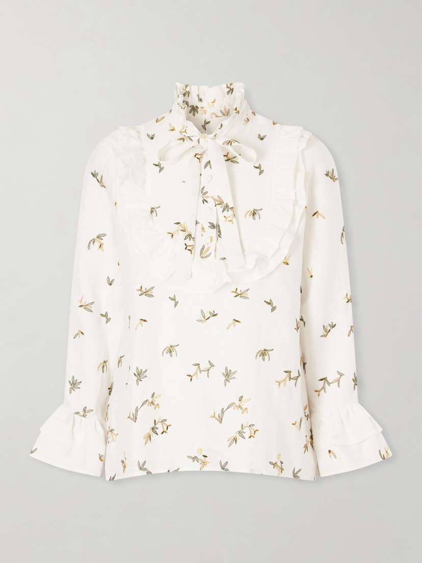 Cristiano Marcheli Valeria Ruffled Embroidered Linen Blouse