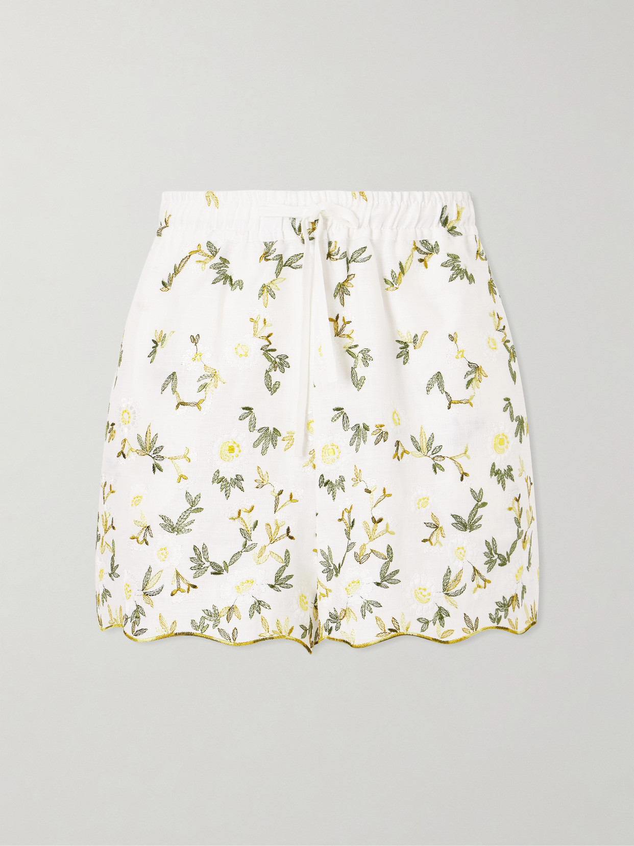 Cristiano Marcheli Elena Floral-embroidered Linen Drawstring Shorts In White
