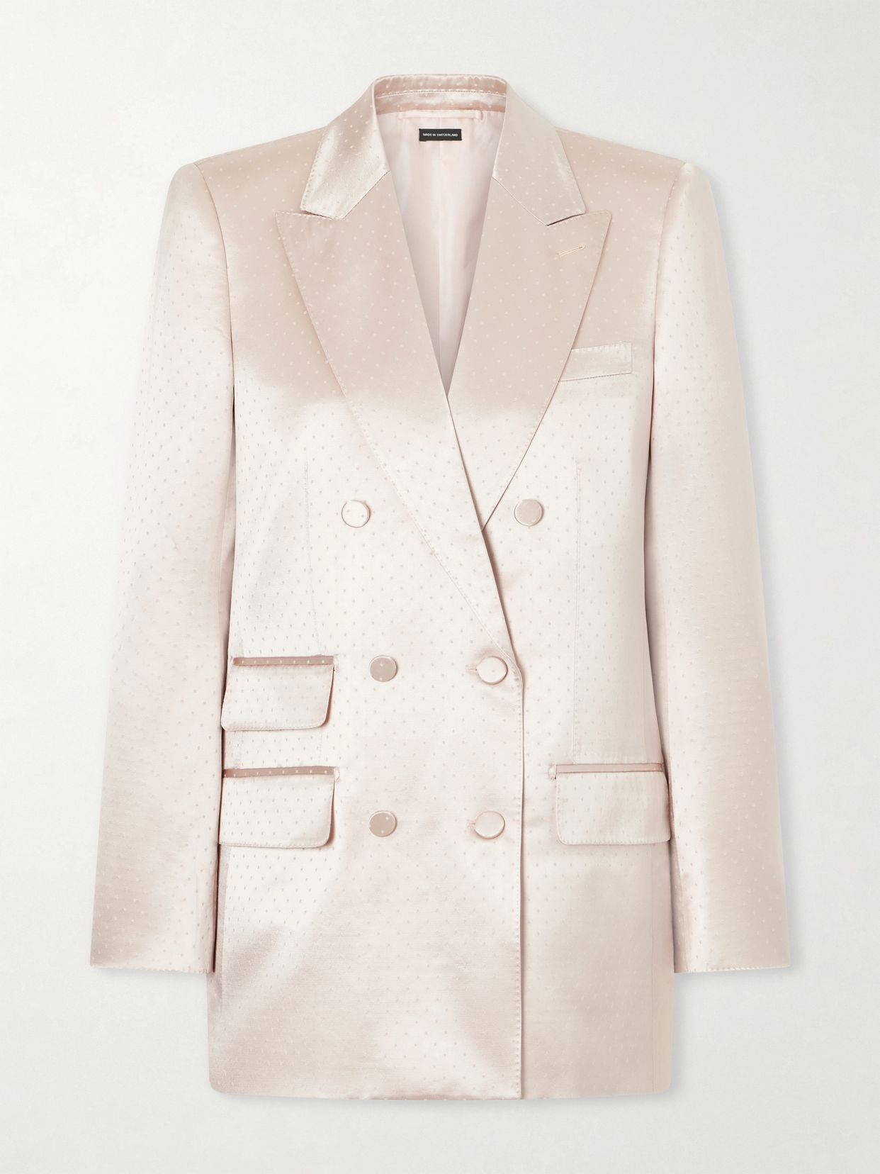 Double-breasted polka- dot satin blazer