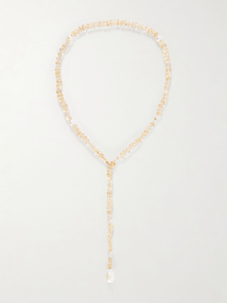 Solstice Sautoir 14-karat gold, pearl and citrine beaded necklace