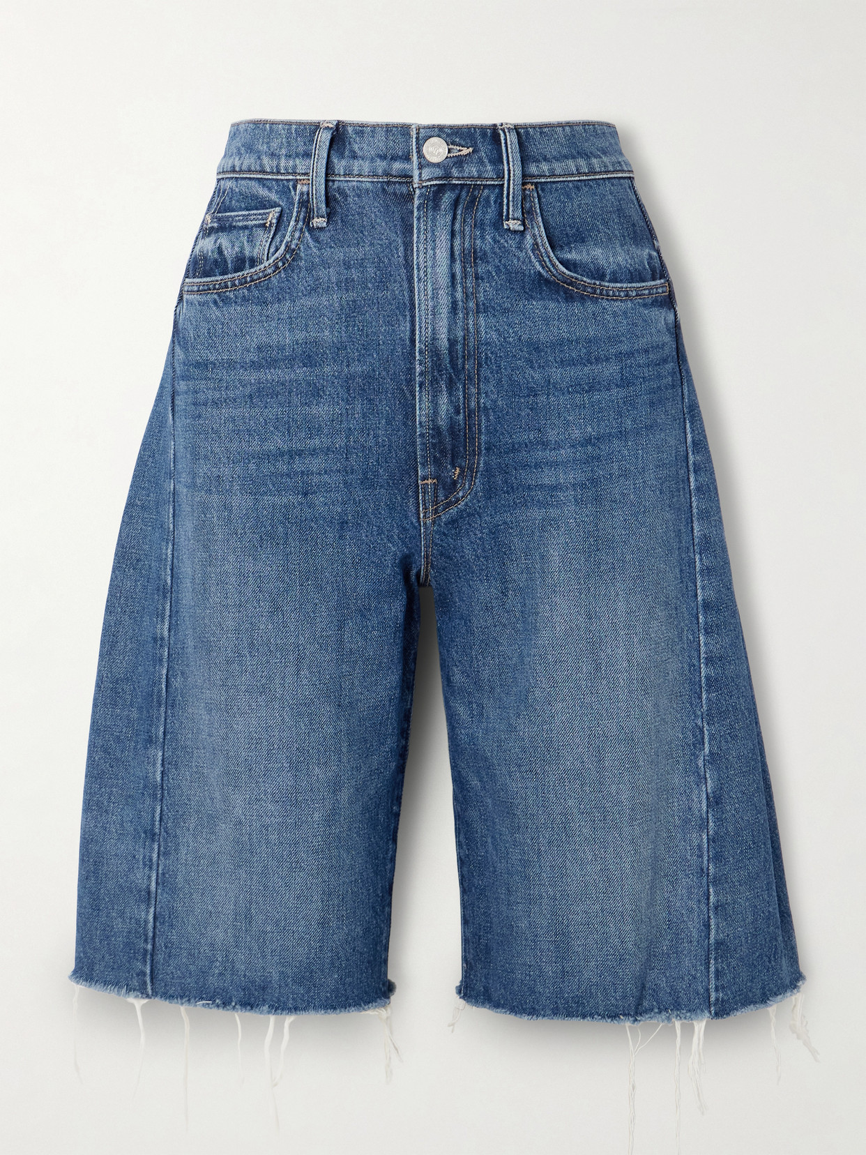 Mother The Half Pipe Bermuda Fray Denim Shorts In Blue
