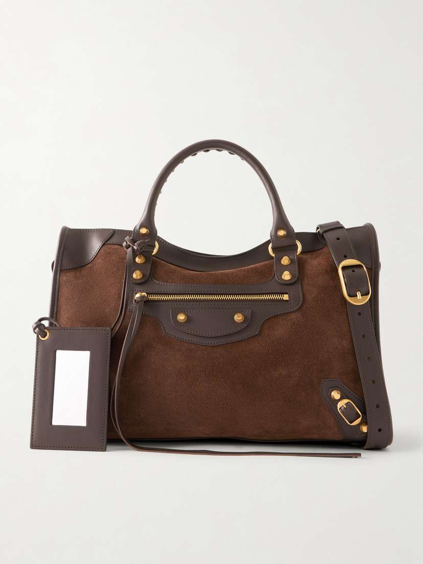 Balenciaga Le City Studded Leather-trimmed Suede Shoulder Bag