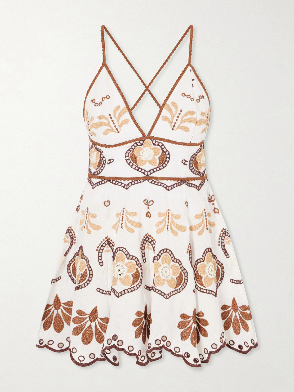 Charo Ruiz Jela Broderie Anglaise Cotton-blend Mini Dress In Brown