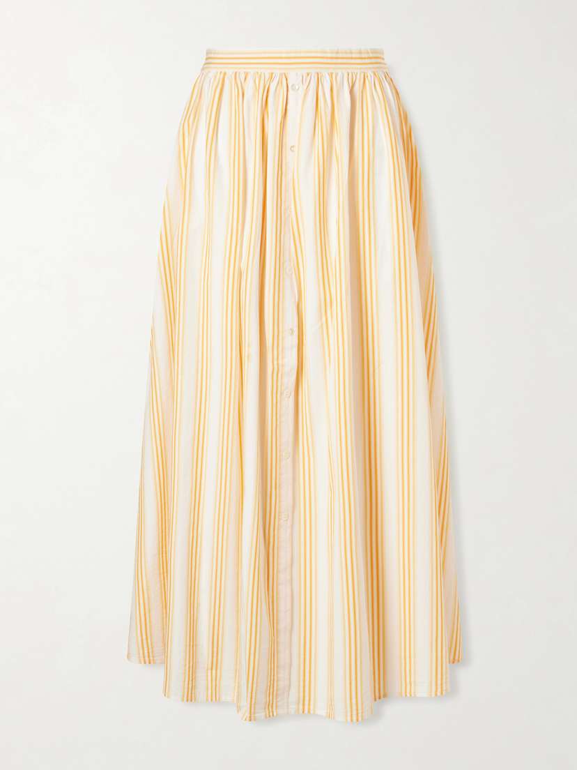 Rosie Assoulin Easy Does It Pleated Striped Cotton-poplin Midi Skirt