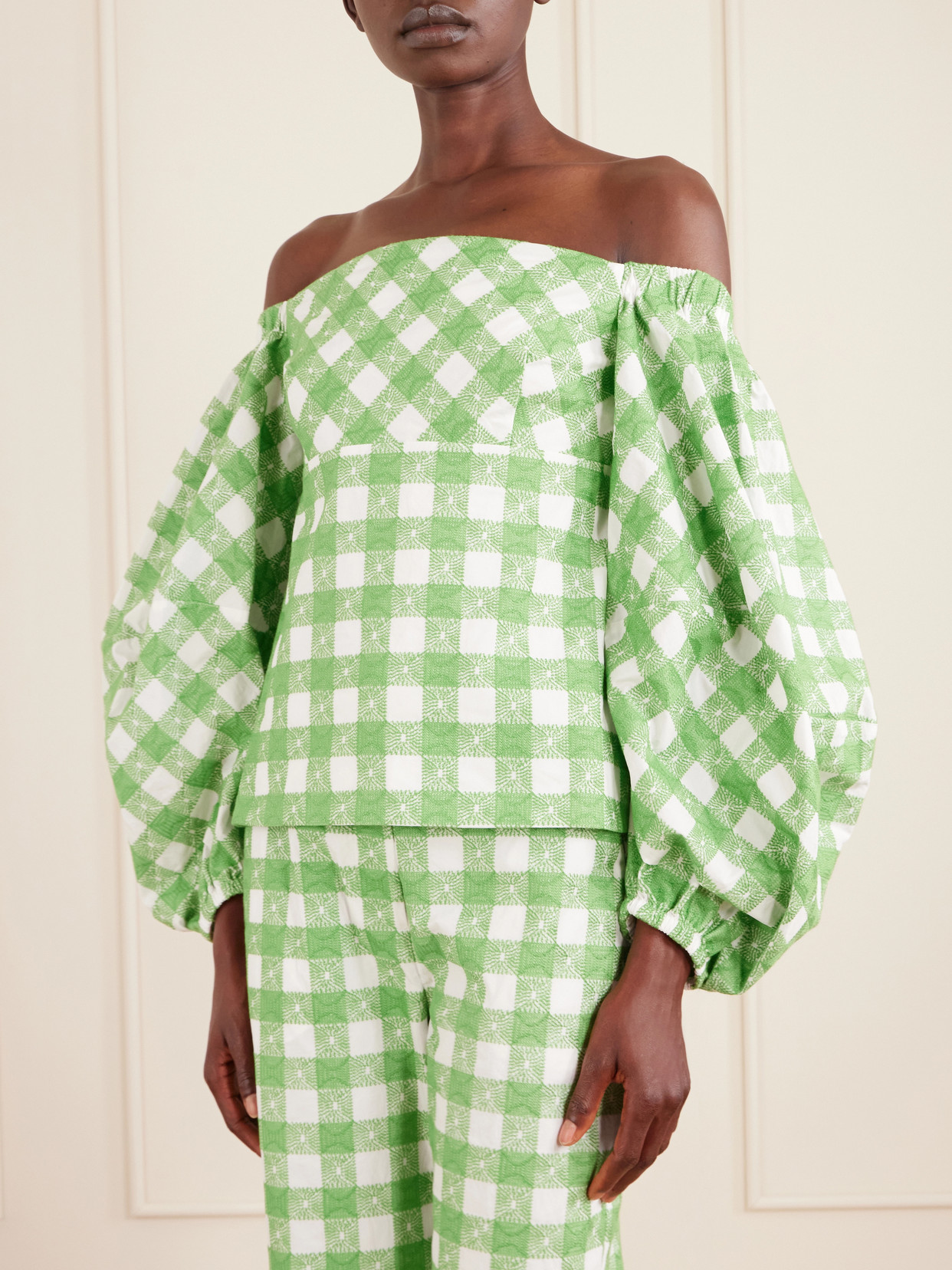 Empire Balloon Off-The-Shoulder Checked Cotton Blouse