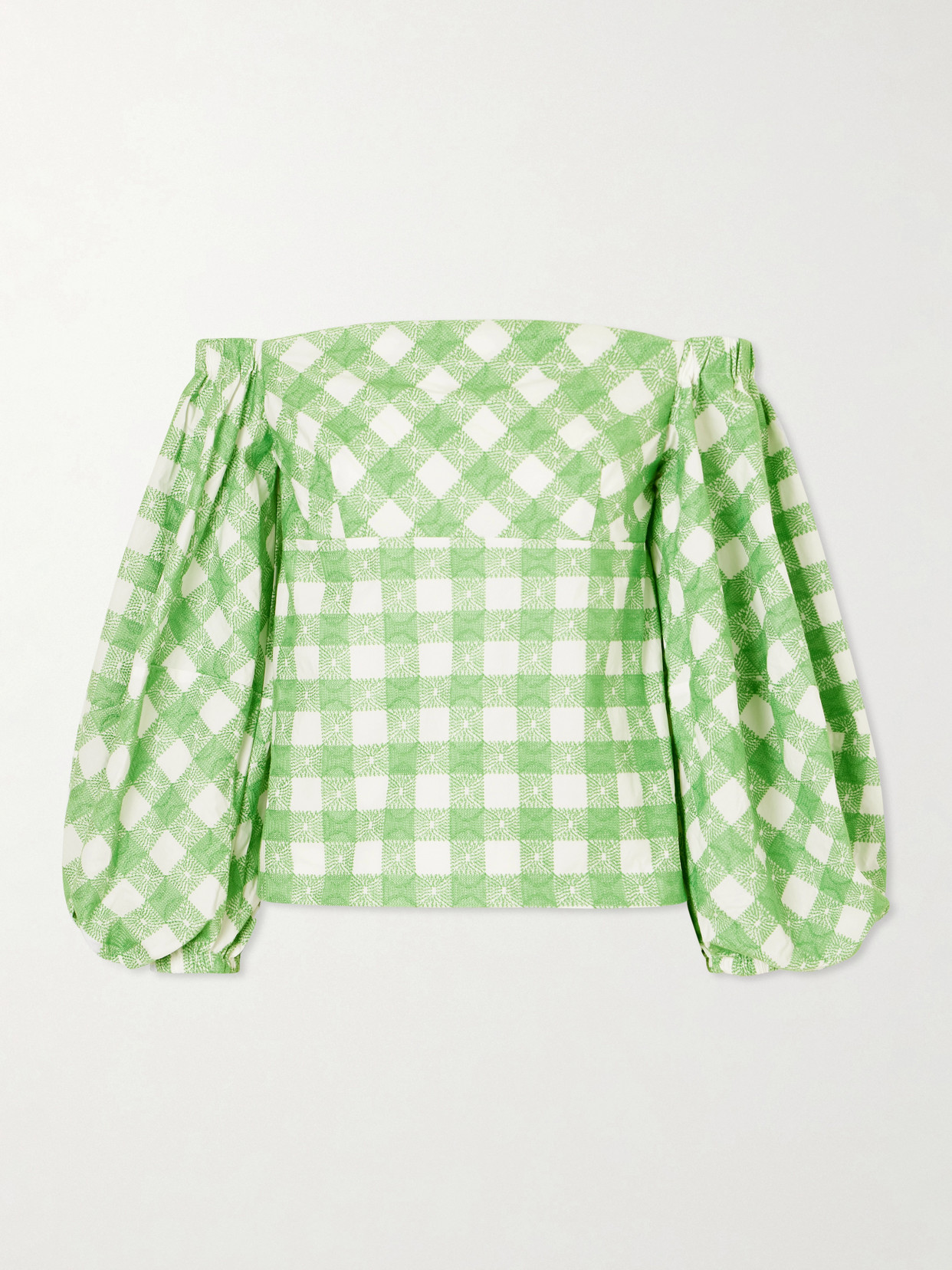 Empire Balloon Off-The-Shoulder Checked Cotton Blouse