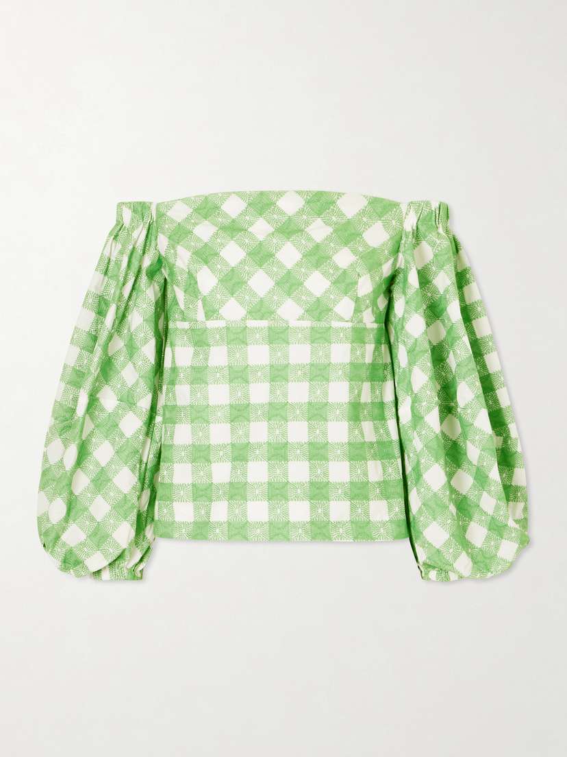 Rosie Assoulin Empire Balloon Off-the-shoulder Checked Cotton Blouse